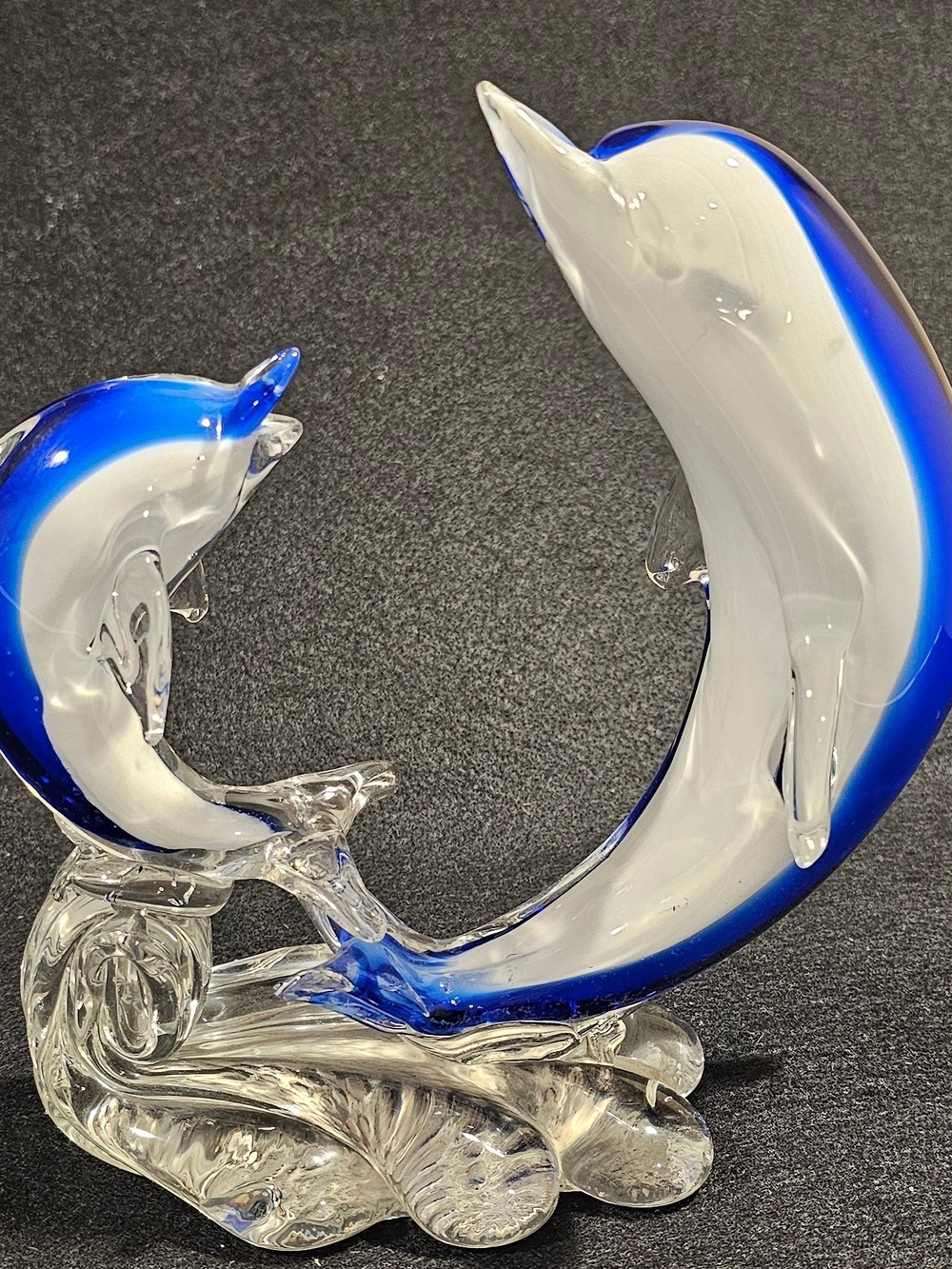 Beautiful Murano Blown Glass Blue & White Glass Dolphin Sculpture